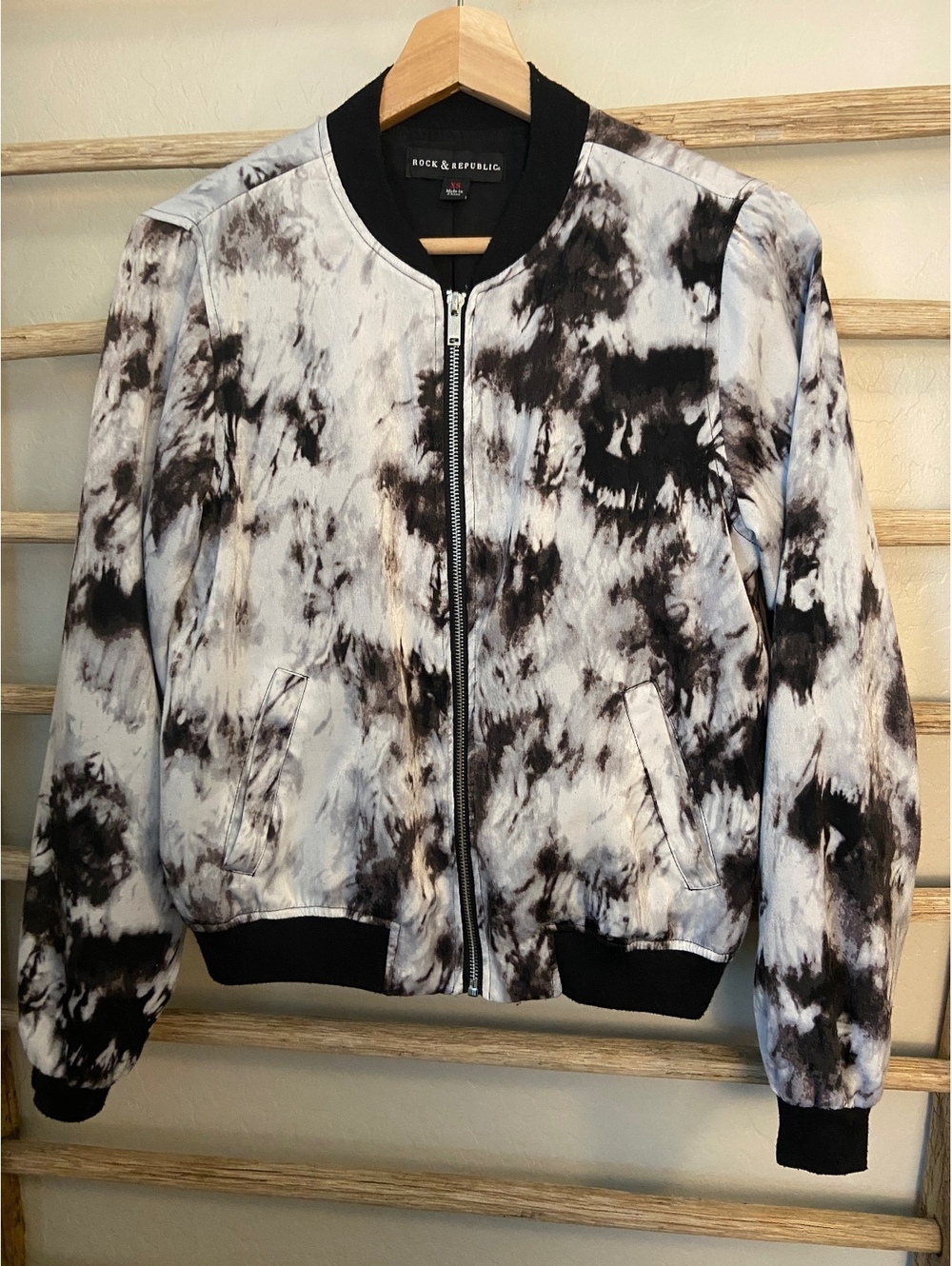 Rock & Republic XS Tie-Dye Bomber Jacket Black White Polyester